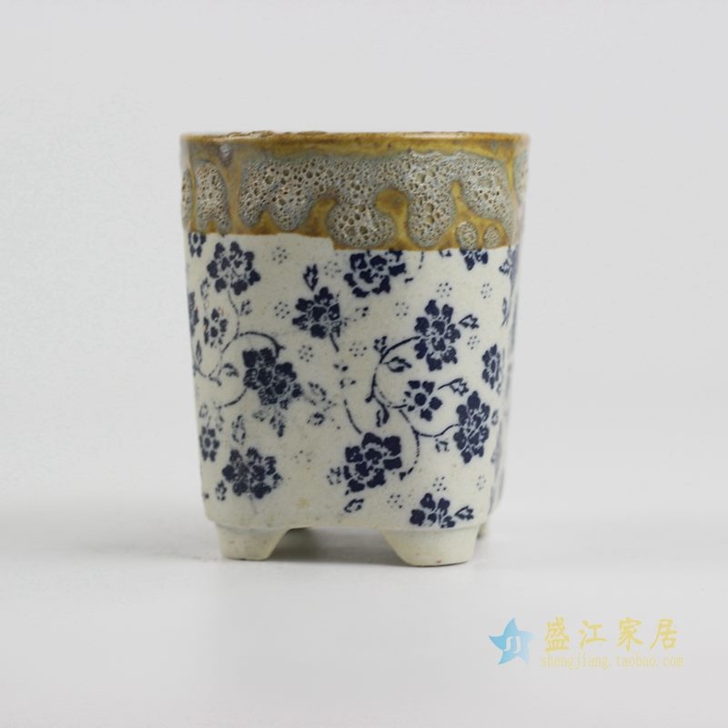 陶艺窑变花釉青花直筒花盆