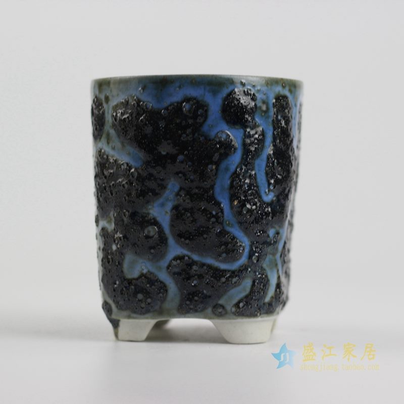 陶艺窑变花釉黑底直筒花盆
