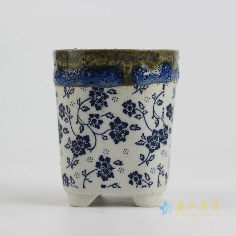 陶艺窑变花釉细花直筒花盆