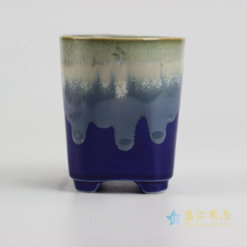陶艺窑变花釉深兰底直筒花盆