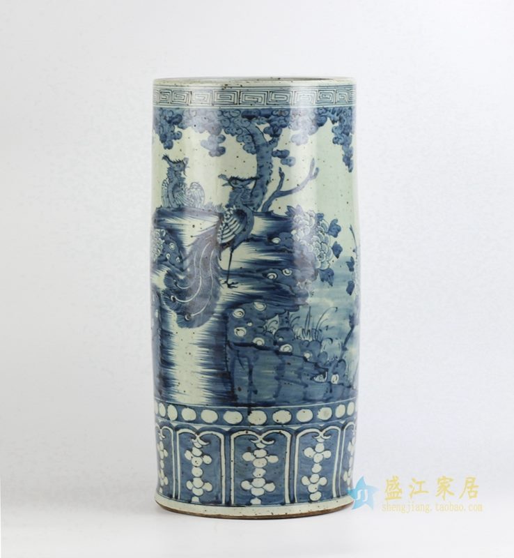 手绘青花花鸟仿古笔筒 箭筒伞桶