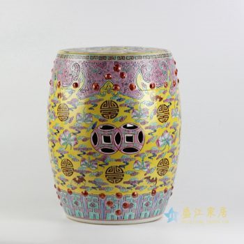 rzai01 景德镇 陶瓷 手绘黄底黄地粉彩寿桃 铜钱凳子 瓷凳 凉墩