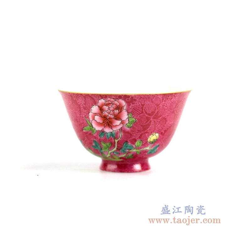 RZFK03 红釉牡丹扒花小单杯 高4.7cm 肚径7.5cm 容量60cc