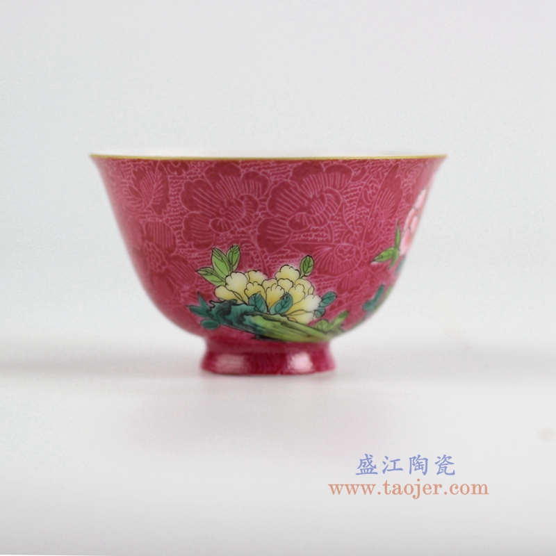 RZFK03 红釉牡丹扒花小单杯 高4.7cm 肚径7.5cm 容量60cc