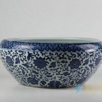rzfu12-d-c73-13     青花缠枝莲鱼缸   水浅   水洗   景德镇 花盆