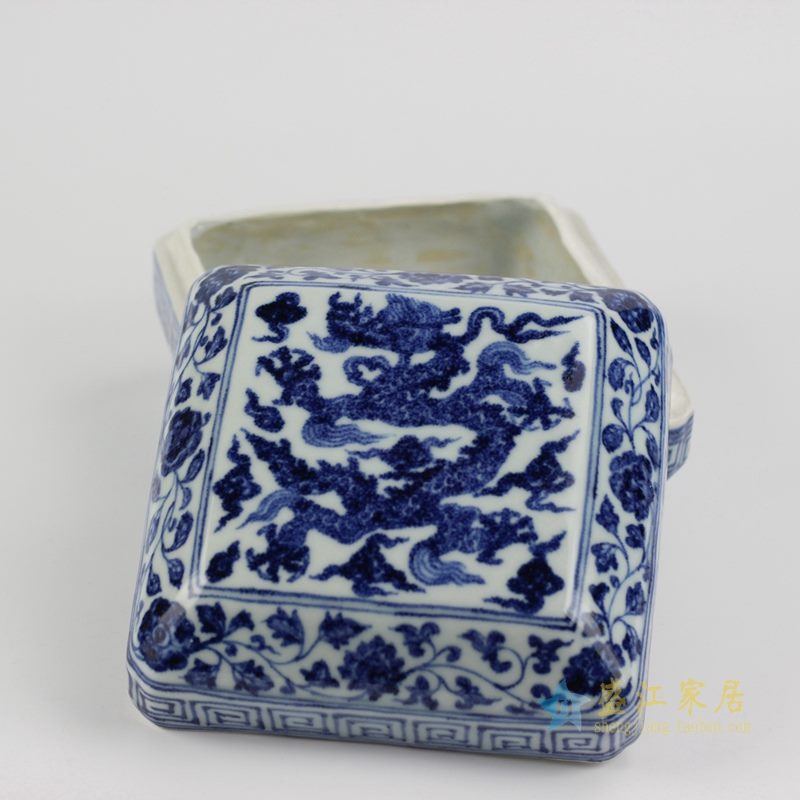 仿古 大明宣德青花手绘龙印泥盒