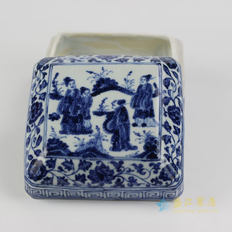 仿古 大明宣德青花手绘人物印泥盒