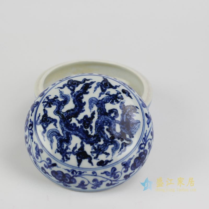 仿古 大明宣德青花手绘龙圆形印泥盒