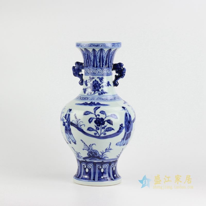 仿古 大明宣德手绘青花双耳花草瓶