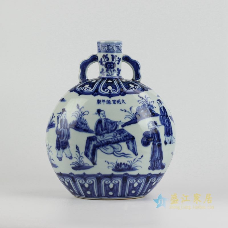 仿古 大明宣德青花手绘人物扁瓶