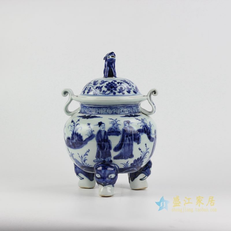 仿古 大明宣德手绘青花人物香炉