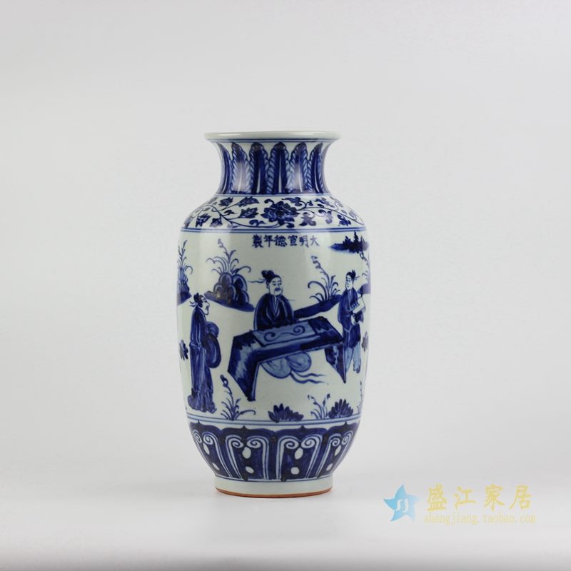 仿古 大明宣德手绘青花人物瓶 冬瓜花瓶