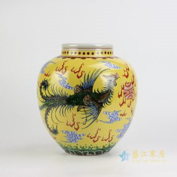 rzjh06   仿古 粉彩 黄底凤凰龙 手绘罐