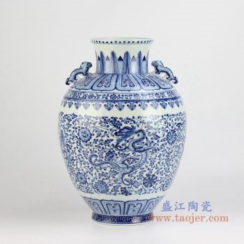 rytq06    青花手绘缠枝莲双耳花瓶花插摆件品