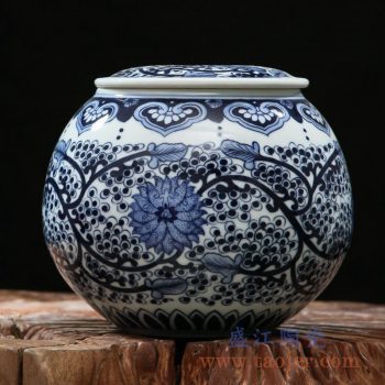 rzfq06    全手绘全手工胎青花缠枝盖坛  茶叶罐