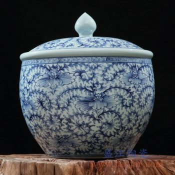 rzfq21-01     全手绘全手工胎青花水草图盖坛 茶叶罐
