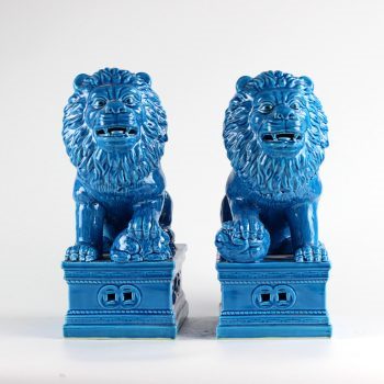 RYXZ11_景德镇仿古孔雀蓝釉兰色对狮 大号狮子狗 陈设摆设雕塑 动物