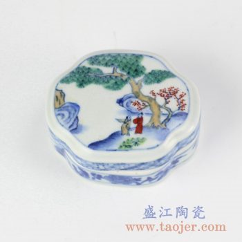 RYAS148_手绘青花斗彩风景人物图案印泥盒胭脂盒墨盒文房器具首饰盒