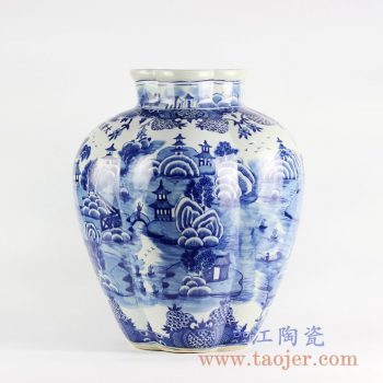RYLU100_仿古手绘青花山水园林多边形 瓜菱罐 花瓶 传统装饰摆设 家居装饰 景德镇