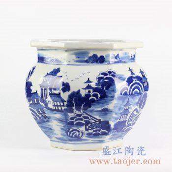 RYLU101-B_手绘青花仿古山水园林多边形小号缸 鱼缸花盆 室外庭院装饰