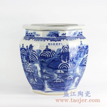 RYLU101_景德镇手绘青花仿古多边形大口瓶1号山水风景图案花盆园林装饰花盆
