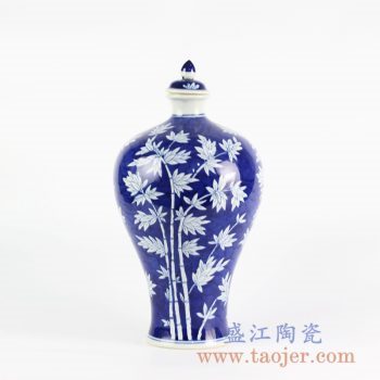 RYLU103_手绘青花蓝底蓝地竹子仿古花瓶 酒瓶 梅瓶 室内装饰摆设 带盖陶瓷瓶
