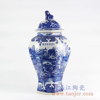 RYLU104_景德镇仿古大清康熙年制手绘青花多边形六方山水园林狮子狗头将军罐客厅装饰