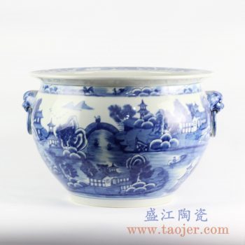 RYLU105_仿古手绘青花双狮子头山水园林提环大口缸花盆庭院户外花盆鱼缸