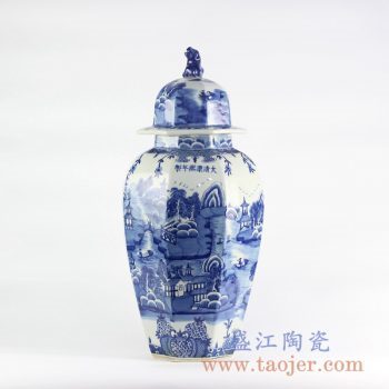 RYLU106_仿古手绘青花山水园林多边形六方狮子狗头将军罐储物罐客厅装饰摆设