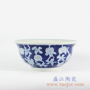 RYLU107-c_景德镇仿古手绘蓝底蓝地青花瓜藤碗赏碗饭碗面碗陶瓷餐具