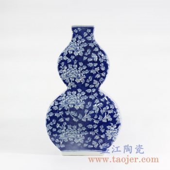 RYLU108-B _仿古手绘仿古蓝底 蓝地牡丹花葫芦扁瓶花瓶家居装饰摆件陶瓷花瓶