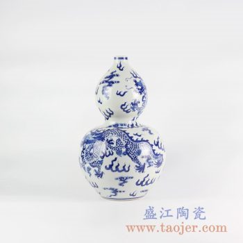 RYLU111_景德镇仿古手绘青花龙纹葫芦瓶 花瓶 清代风格陶瓷摆件 简约装饰