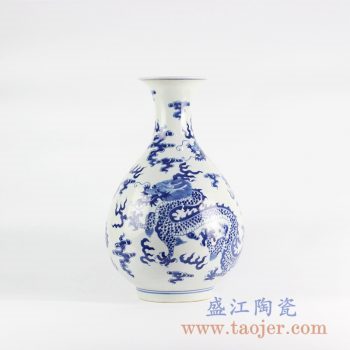 RYLU112_景德镇手绘仿古青花龙纹玉壶春花瓶清代黄家风格传统器形装饰摆件