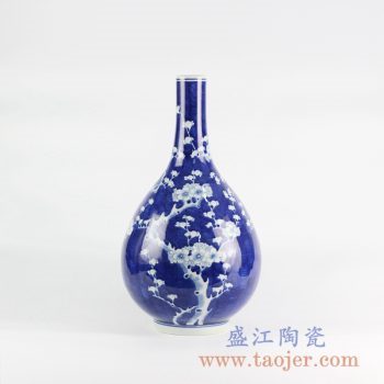 RYLU119_景德镇手绘青花蓝底梅花 蓝地冰梅胆瓶仿古花卉青花装饰摆件花道花器