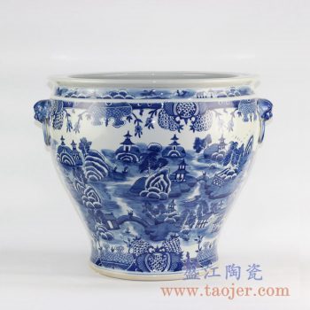 RYLU120_景德镇仿古手绘青花山水 园林双狮头环缸花盆园林盆栽大花盆陶瓷缸