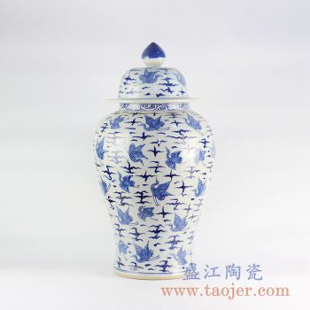 RYLU122_景德镇仿古手绘青花仙鹤将军罐清代风格陶瓷罐装饰摆设古典家具装饰