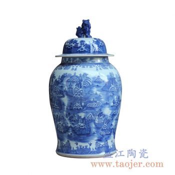 RYLU123_景德镇仿古手绘青花山水苏州园林狮子狗头将军罐大号装饰摆设陶瓷罐酒店大厅客厅装饰
