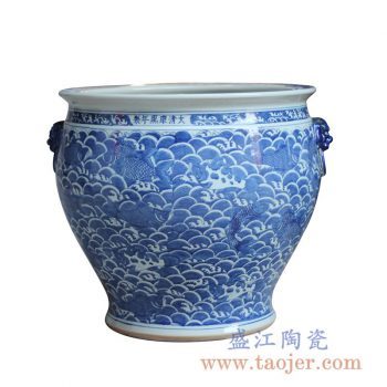 RYLU124-A_仿古青花海水鱼双狮子头大缸 花盆大清康熙年户外园林庭院装饰水缸陶瓷坛