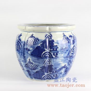 RYLU127_景德镇仿古手绘青花山水多边形缸 花盆 瓜形陶瓷水缸庭院园林装饰花盆