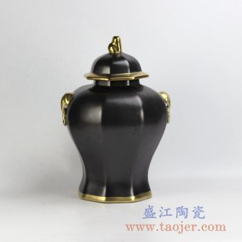 RYNQ166-D_现代装饰风格描金双耳黑色多边形将军罐储物罐艺术摆件品厅堂大厅装饰摆设
