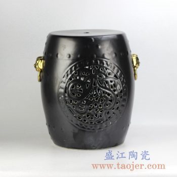 RYNQ53-E_颜色釉黑色双狮头镂空凉凳花园凳瓷凳换鞋凳户外庭院桌凳吧台凳