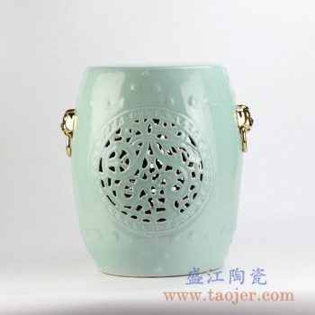 RYNQ53-F_景德镇颜色釉浅兰青釉双狮头镂空凉凳花园凳瓷凳换鞋凳花园户外陶瓷凳现代家具