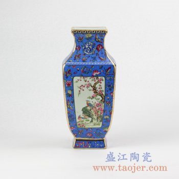 RYRJ17_仿古描金青花粉彩开光花鸟纹方瓶 古玩古董古瓷器老货收藏