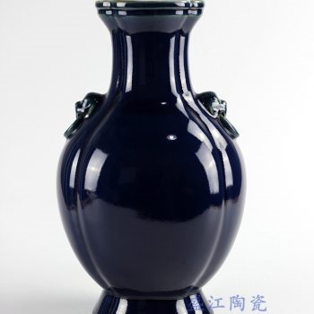 RYUU12_仿古陶瓷 祭蓝釉双狮子头家居装饰摆件插花花瓶 客厅餐厅饰品景德镇