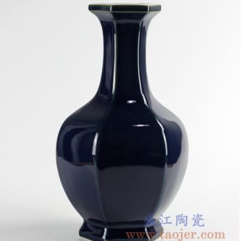 RYUU13_景德镇仿古祭蓝釉六方多边形陶瓷花瓶客厅餐厅饰品家居酒店大厅装饰摆件