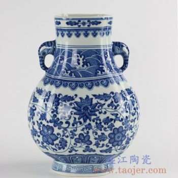 RYUU19_景德镇仿古手绘青花缠枝莲象耳扁瓶花瓶家居摆件品装饰摆设