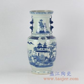 RYVM27_仿古手绘青花楼阁花瓶花插景德镇陶瓷工艺品摆件装饰