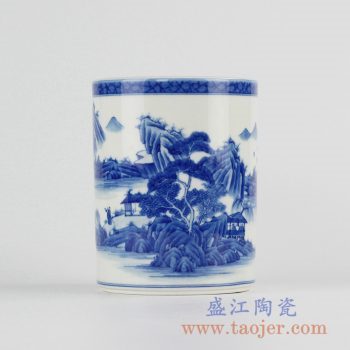 RZCC07_景德镇手绘青花山水笔筒文具文房用具摆件