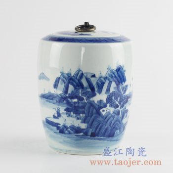 RZCC09_手绘青花铜扣山水盖罐密封罐储物罐糖缸陶瓷缸景德镇