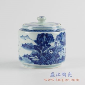 RZCC10_景德镇手绘青花山水茶叶罐糖缸陶瓷盖罐储物罐